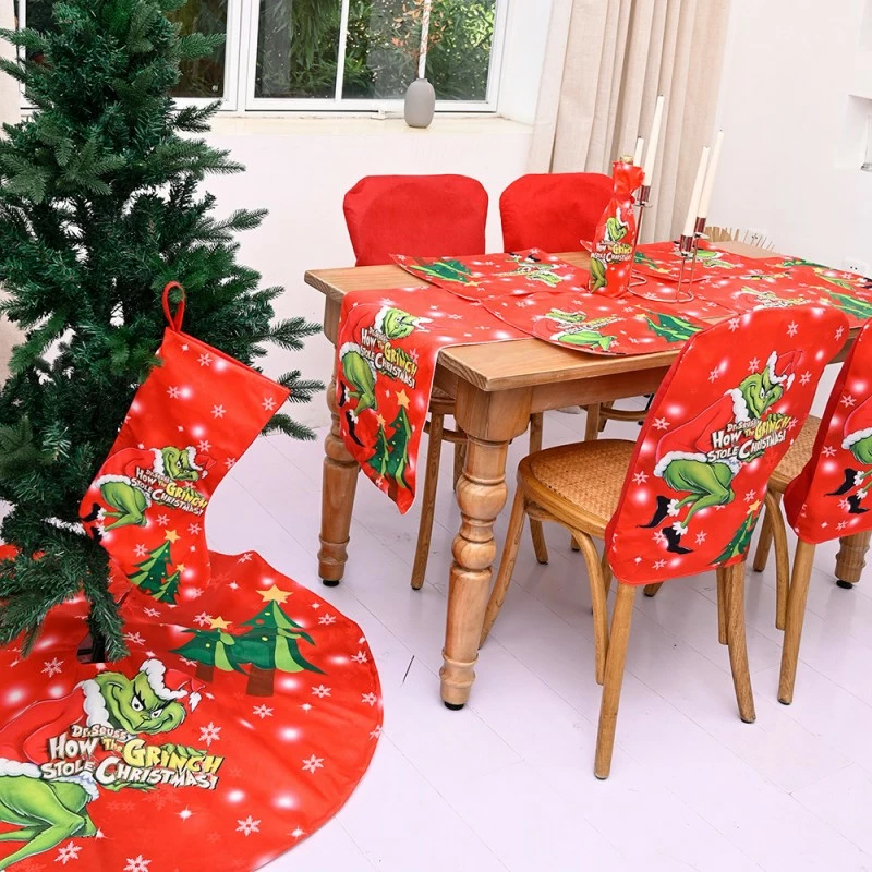 Etaya Grinch Tree Skirt Placemat Chair Cover Christmas Stocking Wine Bag Set For Christmas